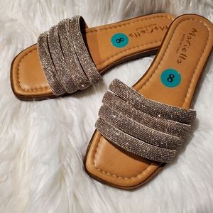 Mariella Sz 8 Womens Sandal Sliders 4-Golden Tone Sparkle Strap Mesh Detail